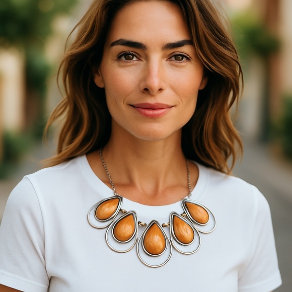 Plunder Light Orange Faux Stone Silver Statement Necklace - Picture 1 of 7